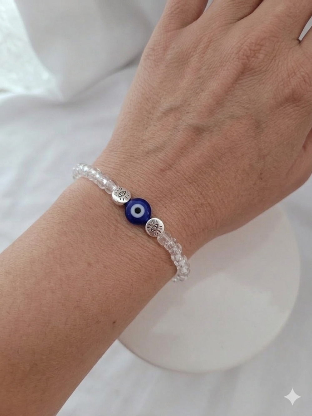 Handmade 7 Inch Blue Evil Eye Beaded Bracelet with Clear Crystal Beads